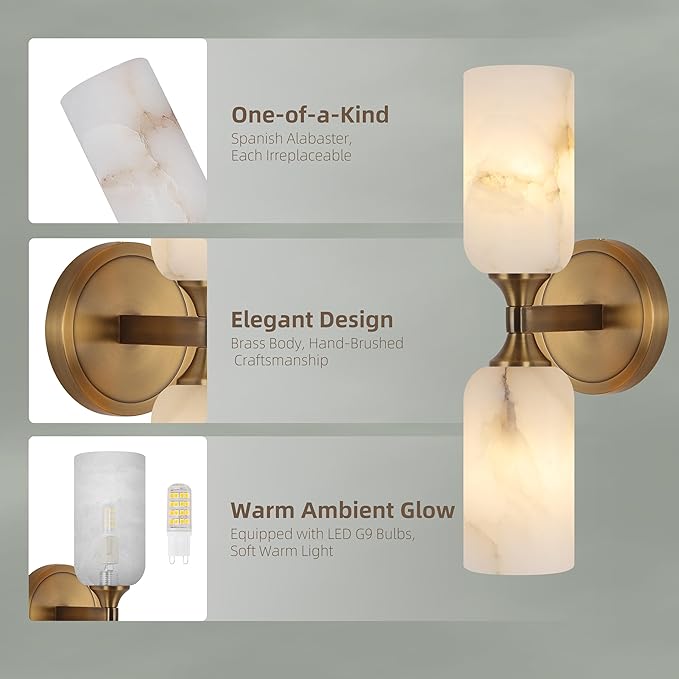 14.4in Alabaster Wall Sconce, Gold Sconces with Spanish Marble, Modern Brass Wall Mounted Lamp, Hardwired LED Wall Lighting for Bathroom Bedroom Living Room Staircase Hallway Dining Room