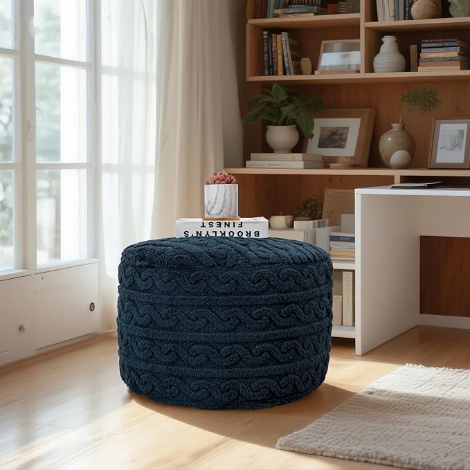 Asuprui Round Pouf Ottoman Stuffed Pouf Foot Stool Floor Chair for Living Room Bedroom Filled Boho Poof Foot Rest for Couch 20 Diameter x 12 Height Navy Blue Pouf with Filler