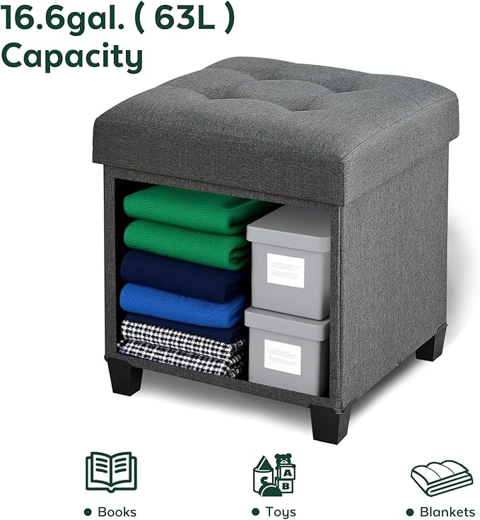 17.7" Ottoman with Storage, Square Storage Ottoman for Dorm, Linen Ottomans with Legs for Living Room, Bedroom, Gray
