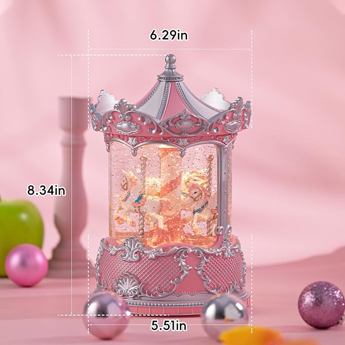 Snow Globe Lantern with Carousel–Shatterproof 8 Songs Musical Box Automatic Snowfall Led Light, USB&Battery Powered,Merry-Go-Round for Valentine’s Day Gift Present Birthday Home Decoration,Silver&Pink