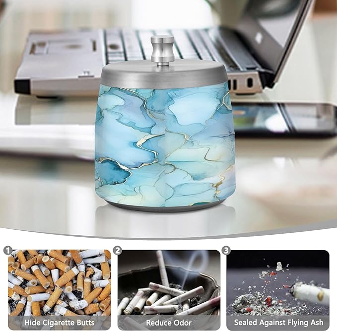 Aqua Blue Gold Marble Textures Ashtray with Lid, Outdoor Ashtrays for Patio, Stainless Steel Ashtray Odorless Smokeless for Home Office Balcony