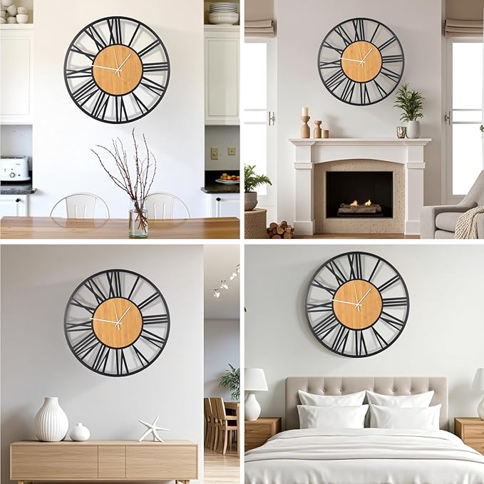 24'' Extra Large Farmhouse Wall Clock, Vintage Wall Clock with Metal Frame for Living Room, Dining Room, Bedroom, Office Decor. (Wooden Centre)