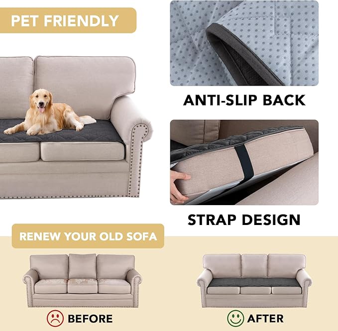 H.VERSAILTEX Couch Cover Chenille Pet Fuzzy Sofa Covers for 3 Cushion Couch Anti Slip Washable Sofa Slipcovers with Strap Soft Couch Protector Cover for Dogs Cats Kids(27.6" x 71", Grey)