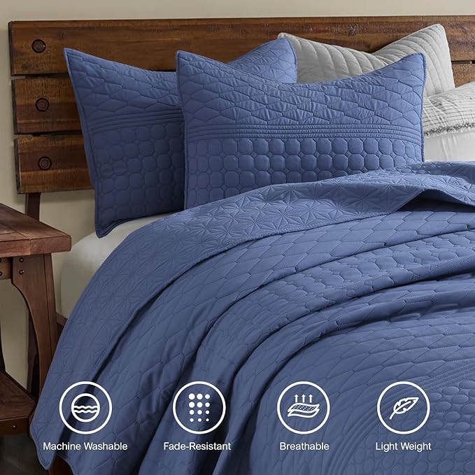 HORIMOTE HOME Denim Blue Queen Size Quilt Set - Soft Microfiber Bedspread with 2 Shams, Lightweight & All-Season Geometric Coverlet for Cozy Bedding