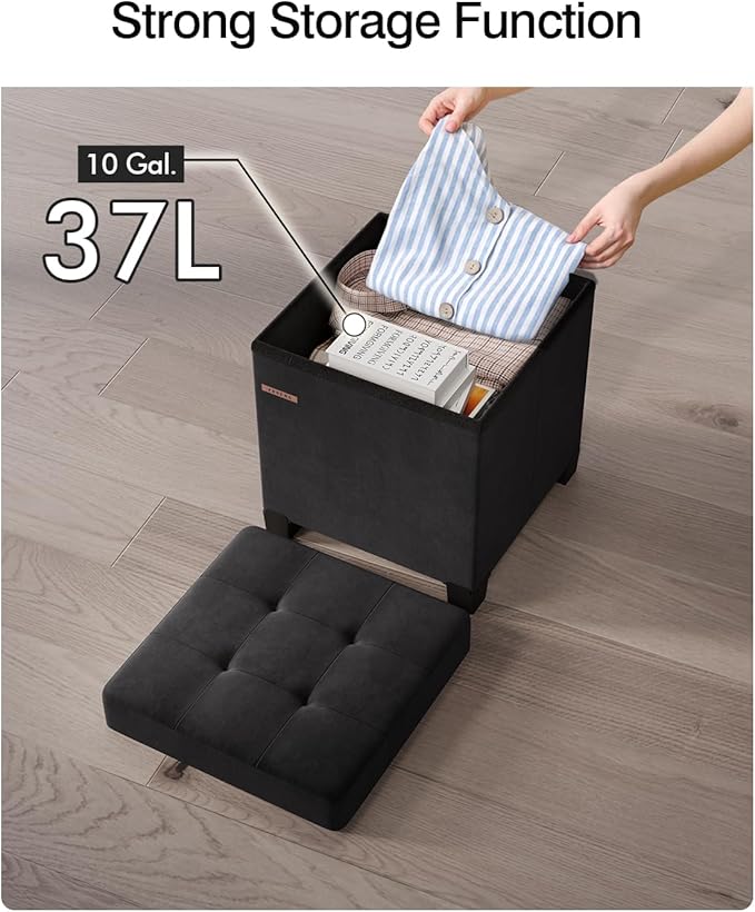 Cube Storage Ottoman, Velvet Foot Stool with Feet, Folding Storage Bench, End of Bed Bench, Storage Chest, for Living Room, Bedroom and Office, 15 x 15 x 15.7 Inches, Ink Black, ASND22B