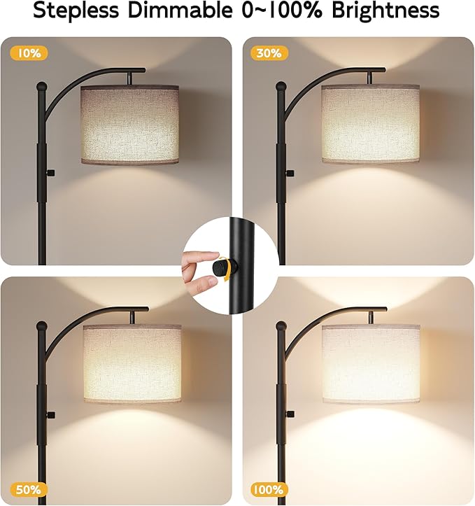 SUNMORY Dimmable Arc Floor Lamps for Living Room, Stepless Dimming Modern Floor Lamp with 1000 Lumens Bulb, Metal Standing Lamp with Adjustable Hanging Lampshade, Tall Floor Lamps, Bedroom, Office