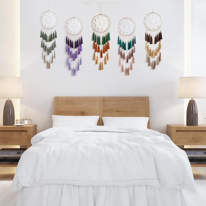 Artilady Macrame Dream Catchers for Bedroom - Tassel Wall Hanging Handmade Dreamcatchers Home Decor with Tassel Feather Ornament Craft Blessing Gift (Purple)