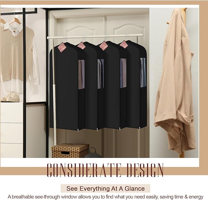 2 Set 40in Short Cotton Garment Bags, 6in Wide Gusset Hanging Storage Clothes with 8 Cedar Blocks, Transparent Mesh Window, Breathable Closet Bags for Fur Coat Suit Sweater Dress, Black