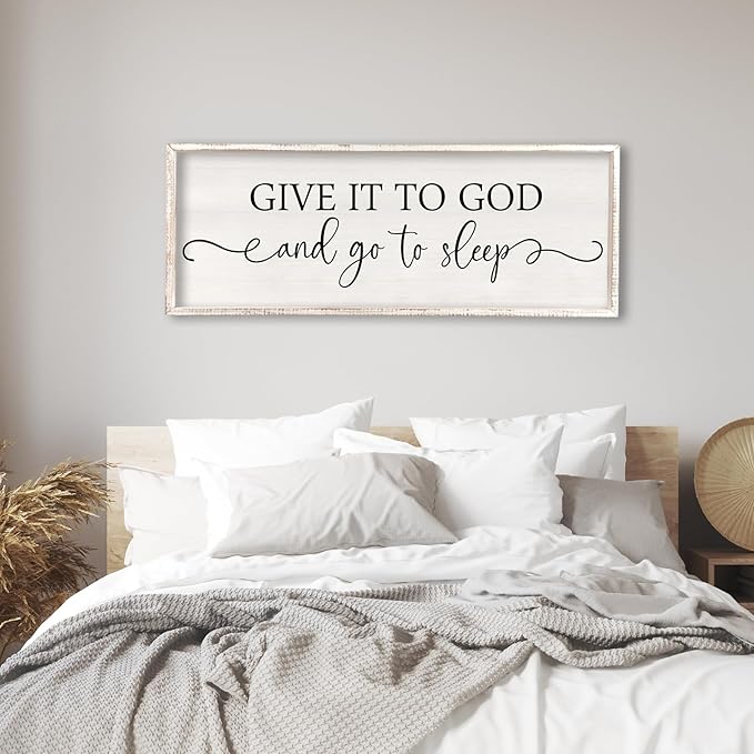 Surfapans Give It To God And Go To Sleep Sign Wall Decor Above Bed 32"x12" Master Bedroom Guest Room Over Bed Wood Rustic Framed Wall Art (White)