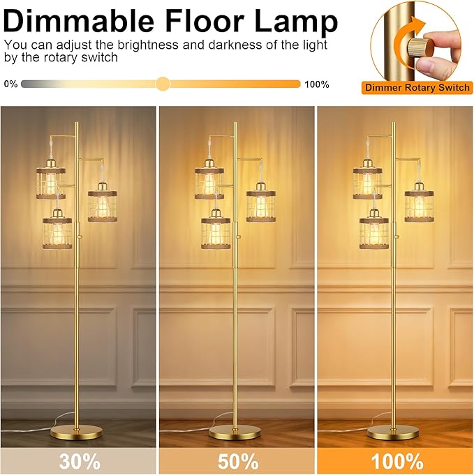 QiMH Industrial Floor Lamps for Living Room, Tree Standing Lamp with Stepless Dimmable, 68" Tall Lamps for Bedroom Study, 3 LED Bulbs Included, Gold