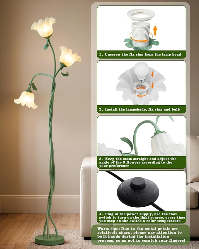Flower Floor Lamp for Living Room,Tall Standing Reading Lamp with Flexible Neck,3 Color Temperatures LED Dimmable Decorative Light, Cute Floor Lamp for Bedroom Corner (Green)