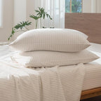 MooMee Striped Duvet Cover Set 100% Washed Cotton Linen Like Textured Breathable Durable Soft Comfy (White Almond Milk Grey Wide Stripes, Oversized Full 82"x86")