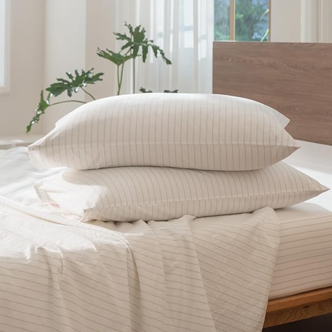 MooMee Striped Duvet Cover Set 100% Washed Cotton Linen Like Textured Breathable Durable Soft Comfy (White Almond Milk Grey Wide Stripes, Super King Plus 120"x120")
