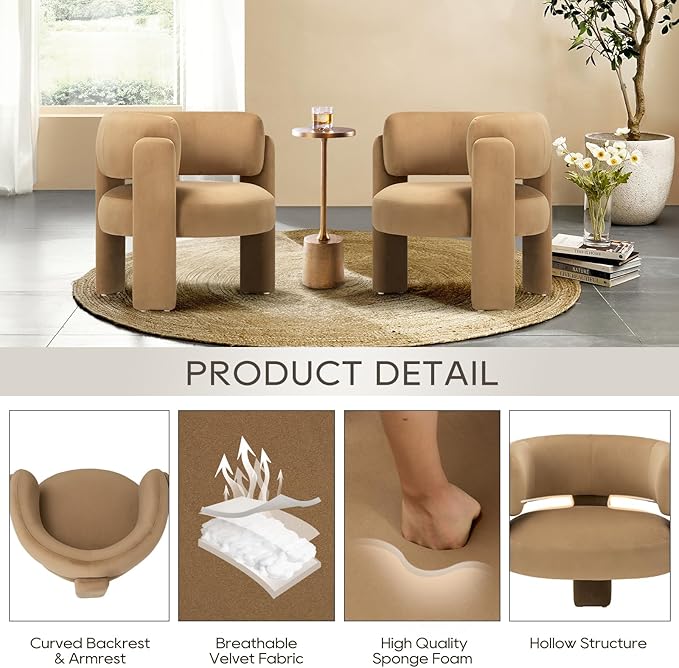 COLAMY Modern Accent Chair Set of 2, Velvet Accent Chairs, Upholstered Barrel Chairs with Solid Wood Legs, Comfy Side Chair for Living Room, Bedroom, Reading, Cozy Reading Chair,Khaki