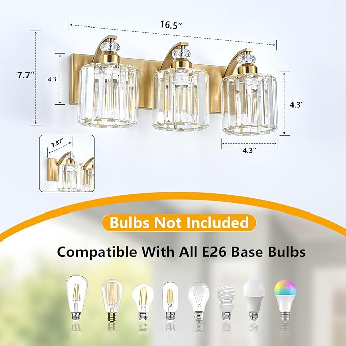 3-Lights Brushed Brass Bathroom Light Fixture Gold Vanity Lights Modern Crystal Bathroom Vanity Lighting Over Mirror Wall Sconce with K9 Crystal Shade E26 Base for Living Room, Bedroom Wall Lamp