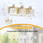 3-Lights Brushed Brass Bathroom Light Fixture Gold Vanity Lights Modern Crystal Bathroom Vanity Lighting Over Mirror Wall Sconce with K9 Crystal Shade E26 Base for Living Room, Bedroom Wall Lamp