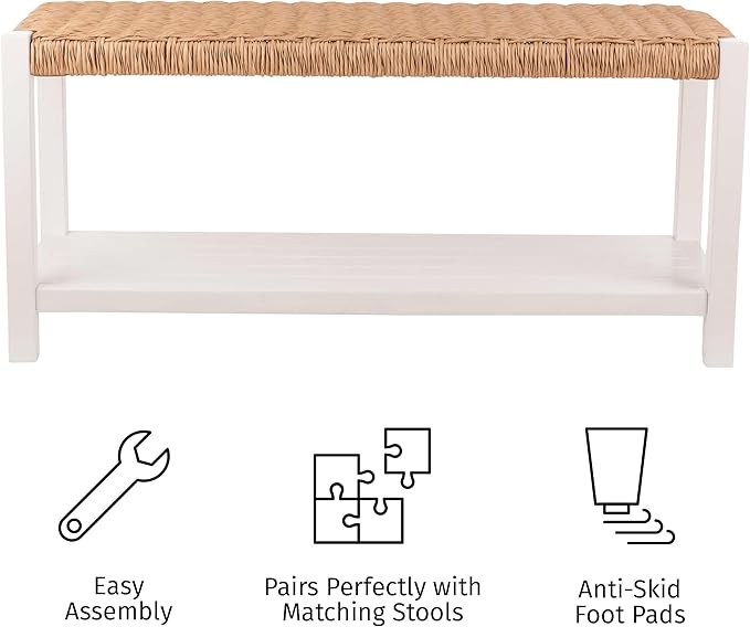 Alaterre Furniture Bench with Handcrafted Woven Rope Seat - Newport Collection 40-Inch Wood Bench with Storage Shelf for Entryway or Bedroom - Indoor Furniture (White)