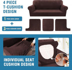 H.VERSAILTEX Sofa Cover 4 Piece T Cushion Sofa Slipcovers Thick Velvet Couch Cover Furniture Protector Stretch T Cushion Sofa Covers for 3 Cushion Couch with 3 Individual T Cushion Covers, Brown