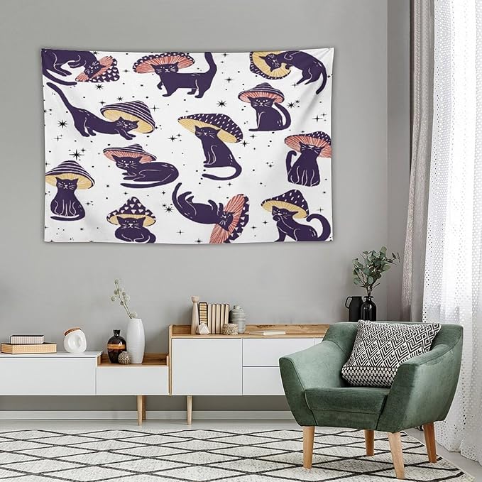 VUMIVI Funny Cat Mushroom Tapestry Retro 70s Hippie Style Cute Black Kitten Star Aesthetic Art Print Tapestry Wall Hanging for Living Room Bedroom Dorm Classroom Aesthetic Decor W60xL40in