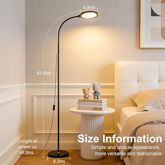 Modern Black Bright Eye Protection Floor Lamp, 62.6“ Adjustable Gooseneck Standing Lamp with Dimmer & Color Temperature, Tall LED Corner Lamp for Living Room, Bedroom Office Reading, Tattoo Light