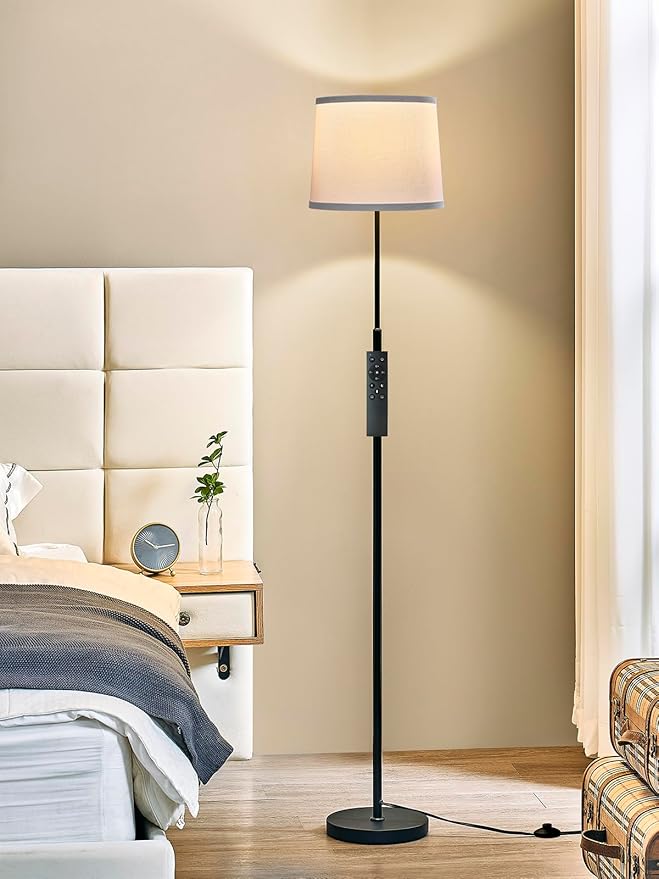 60" Modern Floor Lamp for Living Room Bedroom, Standing Lamp with White Linen Lampshade, Remote and Foot Switch, Tall Lamp with A19 9W 3000K-6000K Color Temperature 10%-100% Brightness Dimmable Bulb