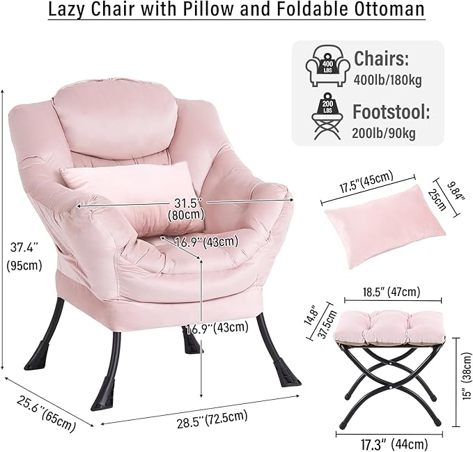 Lazy Chair with Ottoman, Modern Accent Chair with Lumbar Pillow, Velvet Pink Sofa, Lounge Chairs with Folding Footrest, Oversized Supportive Chairs for Bedroom, Reading