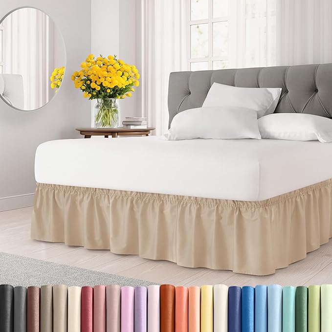 Wrap Around Dust Ruffle Bed Skirt - Cream - for Full Size Beds with 12 Inch Drop - Easy Fit Elastic Strap - Adjustable Pleated Bedskirt w/Brushed Fabric - Wrinkle Free - for Women, Men, Kids & Teens