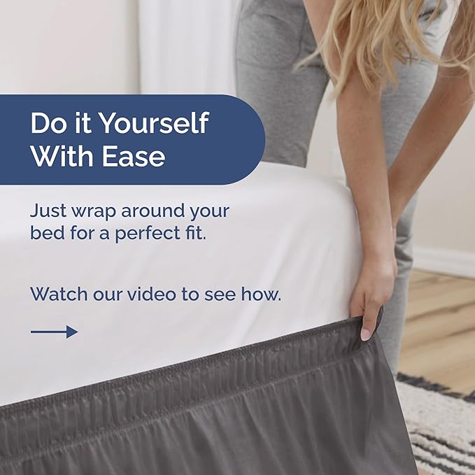 Wrap Around Dust Ruffle Bed Skirt - Dark Grey - for Queen Size Beds with 15 Inch Drop - Elastic Strap - Adjustable Pleated Bedskirt with Brushed Fabric and Wrinkle Free - for Women, Men, Kids & Teens