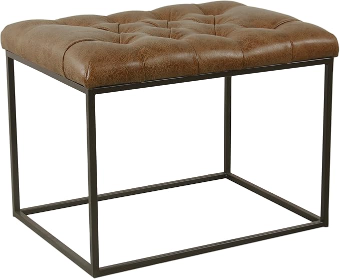 HomePop Home Decor | Upholstered Tufted Faux Leather Ottoman Bench| Ottoman Bench for Living Room & Bedroom | Decorative Home Furniture (Distressed Brown Faux Leather) Small