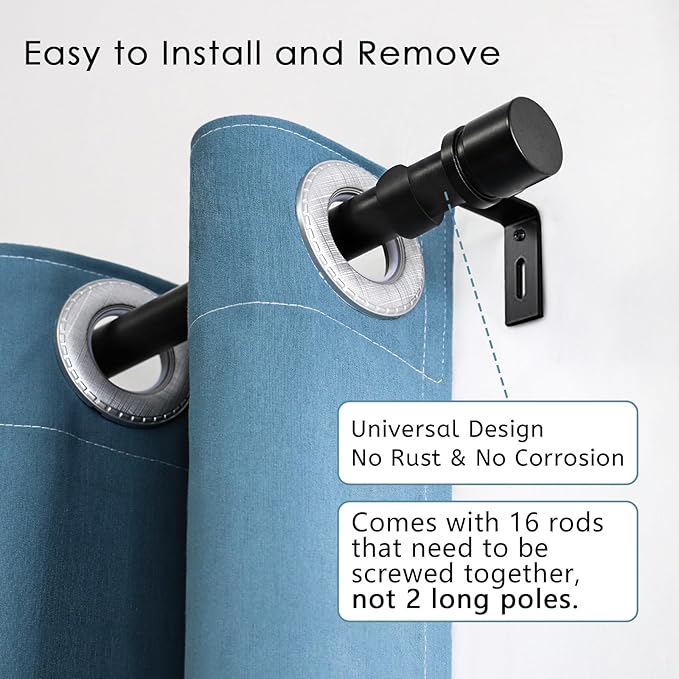 Curtain Rods for Windows 16 to 240 Inches Adjustable Length 1 Inch Diameter Window Curtain Rod with Aluminium Finials, Black
