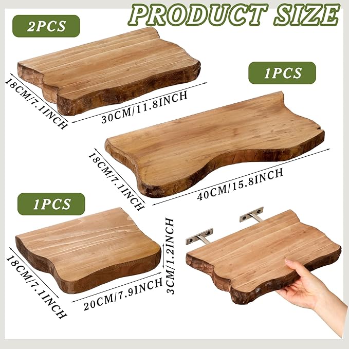 Pinkunn 4 Pcs Floating Shelves for Wall Wooden Live Edge Shelf Wall-Mounted Natural Solid Wood Bedroom Kitchen Storage Living Room Nursery Decor (4 Pcs,15.7 Inch)