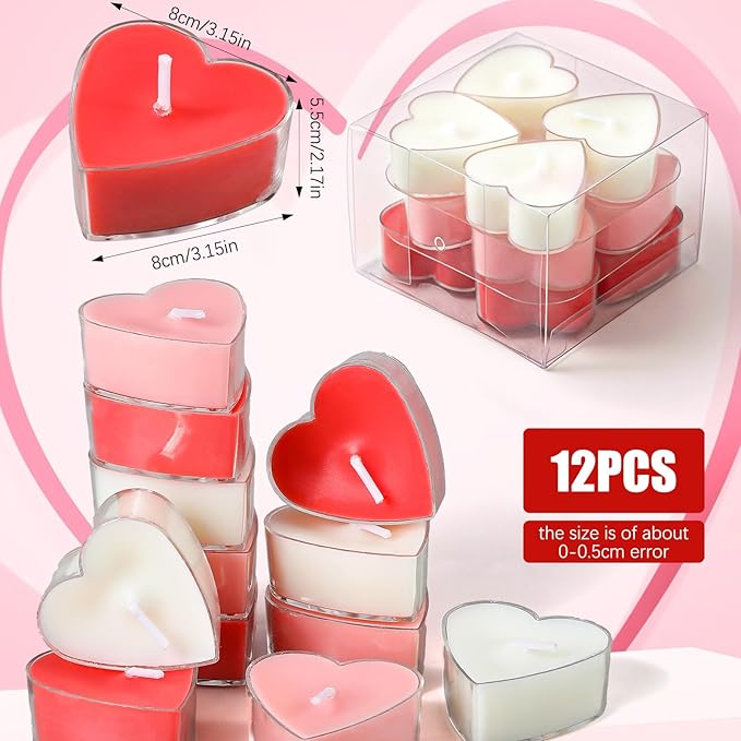 Honoson 12 PCS Valentine's Day Heart-Shaped Tealight Candles Pink Red White Tealight Candles Rose Essential Oils Colors 5 Hours Burn Time for Valentine's Day Dating Weddings Romantic Occasions