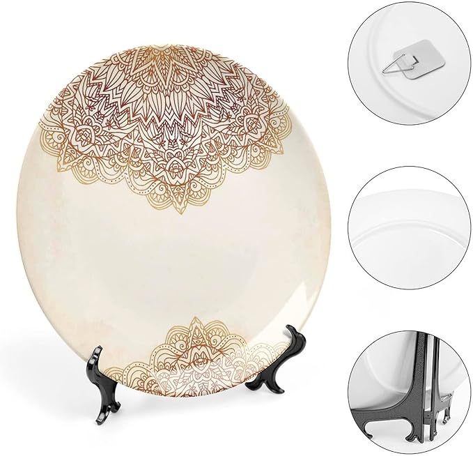 XISUNYA 6 Inch Decorative Plate, Victorian Round Porcelain, Artistic Oriental Vintage Henna Style Mandala Print Ceramic Wall Hanging for Home & Office Wall Hanging Decor, Beige