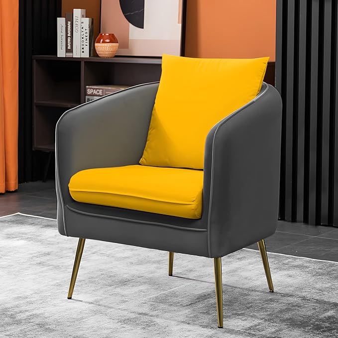 MoNiBloom Sofa Chair Arm Chair Living Room Bedroom Reading Chair, Yellow/Gray Contrasting Colors Upholstered Bedroom Barrel Chair with Backrest Pillow, Mid Century Modern Comfy Suede Singel Armchair