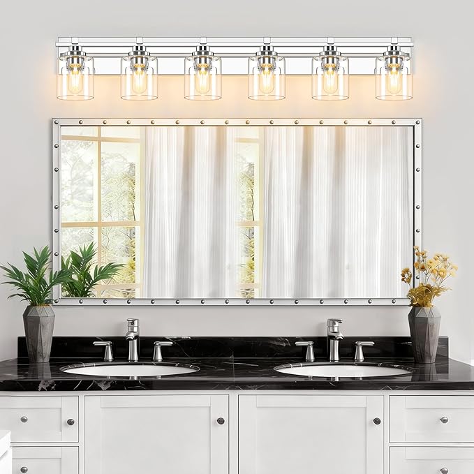 6 Light Modern Bathroom Light Fixtures Over Mirror, Chrome Vanity Lights for Bathroom Wall Sconces with Clear Glass Shades, E26 Socket (Bulbs Not Included)