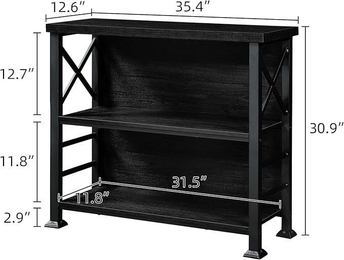 HOMBAZAAR 3-Tier Small Bookshelf, 35.4 Inch Short Book Shelf with Sturdy Metal Frame & Wood Shelves, Black Industrial Bookcase for Living Room, Bedroom, Office