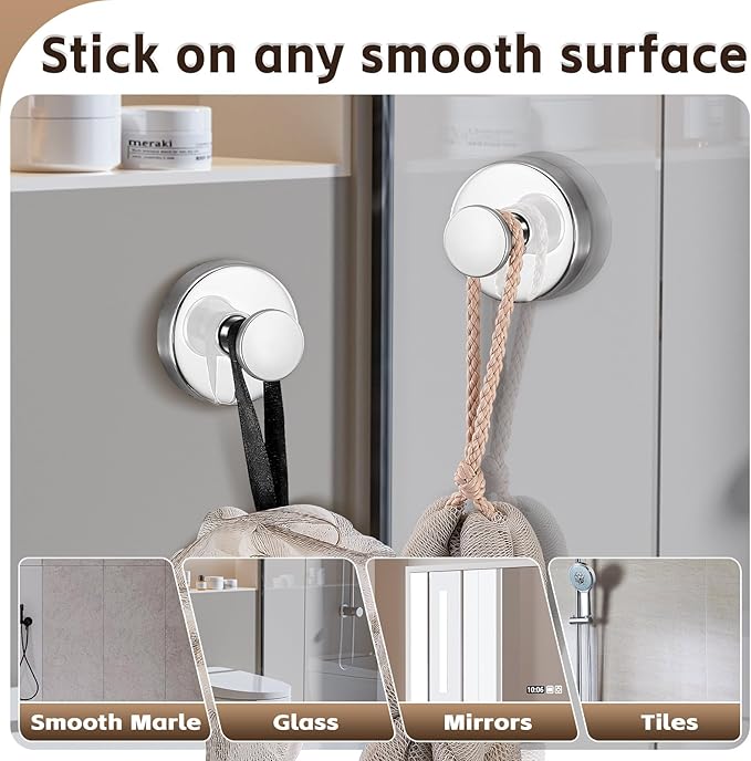 Reusable Heavy Duty Suction Cup Hooks for Kitchen/Bathroom/Shower - Wet-Proof Hooks for Towels, Robes, Loofah&Wreaths/No Drill Mounting on Glass, Tile, Metal (2, Polished Chrome)