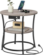 VASAGLE 21.7-Inch Round Side Table, 2-Tier End Table with Power Outlets, Nightstand with Steel Frame, Spacious Top, for Small Spaces, Living Room, Bedroom, Heather Greige and Ink Black ULET077L01