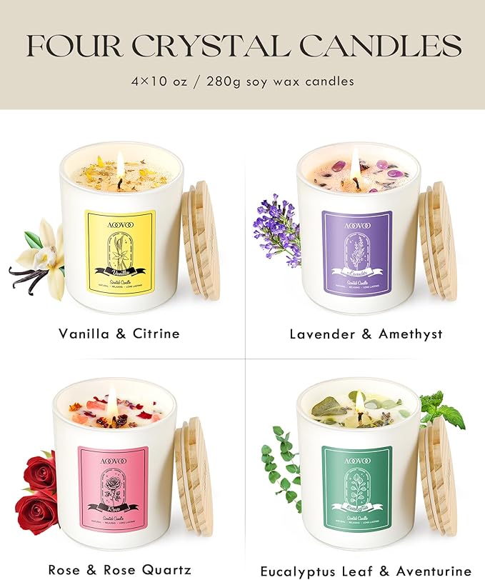 AOOVOO Rose/Vanilla/Eucalyptus/Lavender Scented Candles for Women - Aromatherapy Candle with Crystals Inside, 40oz Soy Candles for Home Scented, Birthday Gifts Valentines Day Candle for Women Mom