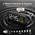Netzu 3-in-1 Digital Clocks for Living Room with Temperature, Date & Time Display - 4 Levels Birghtness, 3 Volumes, Small & Compact Plug-in Alarm Clock for Bedroom, Office (Black)