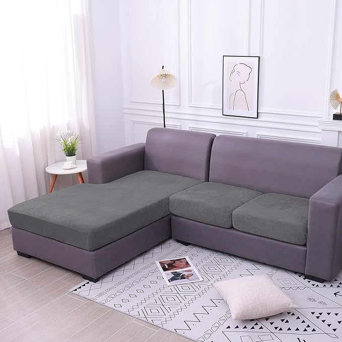 hyha Velvet Couch Cushion Covers, Stretch Chaise Lounge Sectional Couch Seat Covers L Shape for Sectional Sofa, Soft Sofa Cushion Slipcover Washable with Elastic Bottom(XL Chaise, Grey)