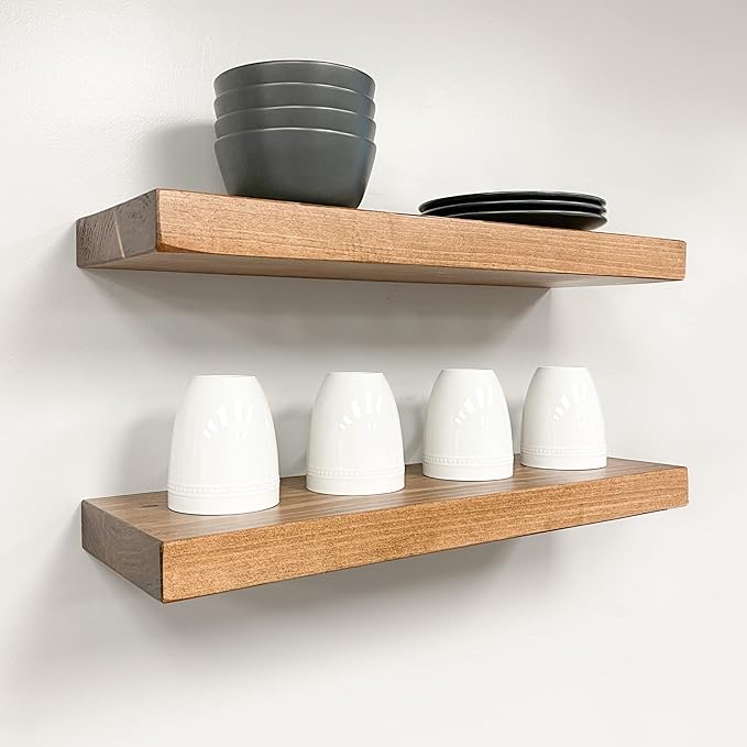 URBANDI, Rustic Floating Shelves, Set of 2, Hidden Bracket, Solid Wood, Heavy Duty, Wall Mounted Shelves, (Brown, 12Wx12D)