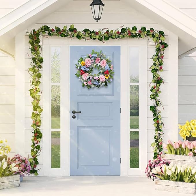24 Inch Spring Summer Wreaths for Front Door, Spring Summer Door Wreaths, Floral Flowers Wreath with Pink Peony,Rose,Blue Hydrangea,Sunflower,Large Wreaths for Spring Summer Outdoor Home Decor