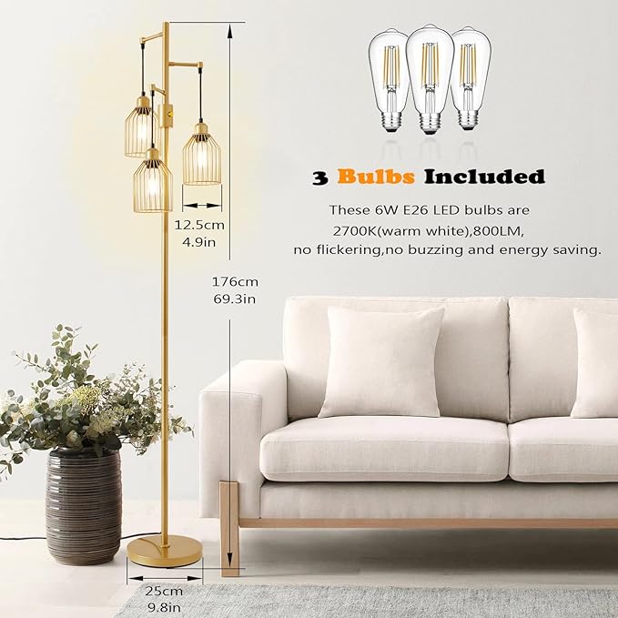 Dimmable Floor Lamp for Living Room, Farmhouse Floor Lamps with Elegant Hanging Cage, 3 x LED Edison Bulbs Included, 68.5" Industrial Standing Light for Bedroom Office Home Decor (Gold)