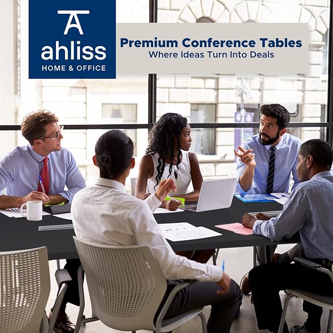 Sturdy Conference Table with Cable Management Grommets Modern Rectangle Office Meeting Table with Wood Tabletop and Metal Frame & Legs- Easy Assembly Boardroom Table (Black, 10 Foot)
