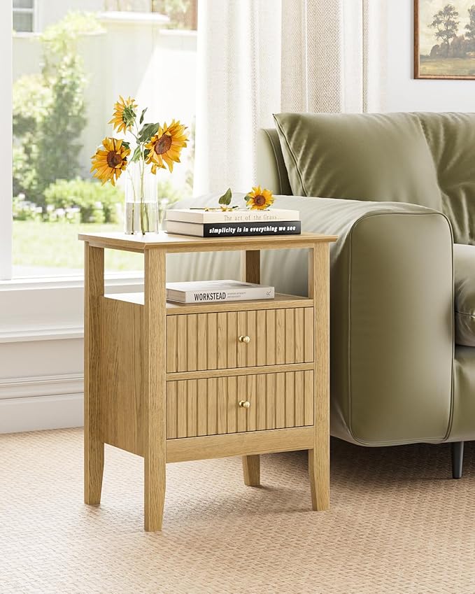 Fluted Nightstand, Farmhouse Night Stand with 2 Drawers, Mid Century Modern Side Accent Table,Bedside End Table for Bedroom, Living Room, Yellow Oak