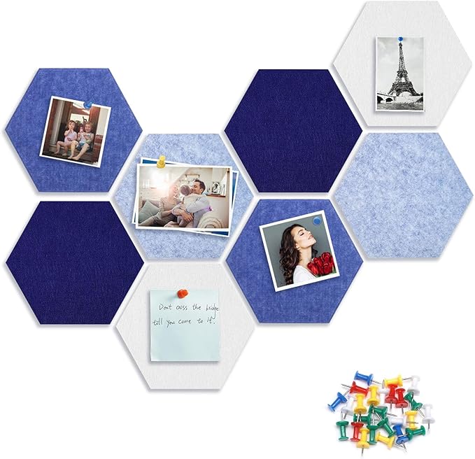 8 Packs Blue White Hexagon Felt Pin Board, 12" Bulletin Board with 30 Push Pins, Felt Board for Home Kitchen Office Decor, Self-Adhesive Corkboard Tiles for Walls School Message Photos Memos