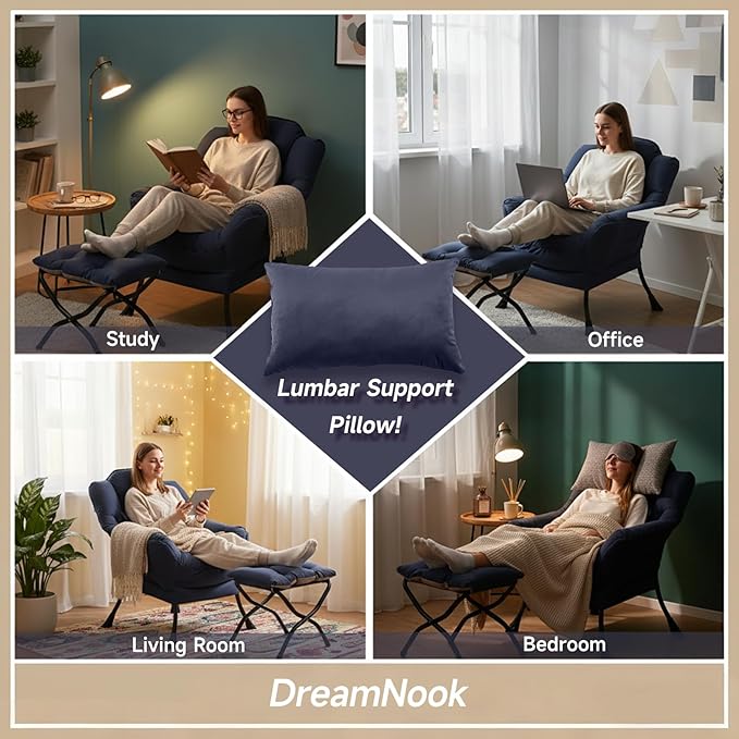 Lazy Chair with Ottoman, Modern Accent Chair with Lumbar Pillow, Navy Blue Sofa, Lounge Chairs with Folding Footrest, Oversized Supportive Chairs for Bedroom, Reading
