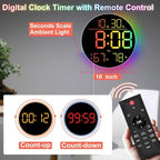 10 Inch LED Wall Clock with RGB Ambient Light, Auto-Dimming, RGB Color/Time/Date/Temp/Humidity Display, Dual Alarms & Timer, Adjustment Brightness,Digital Round Clock for Bedroom Classroom