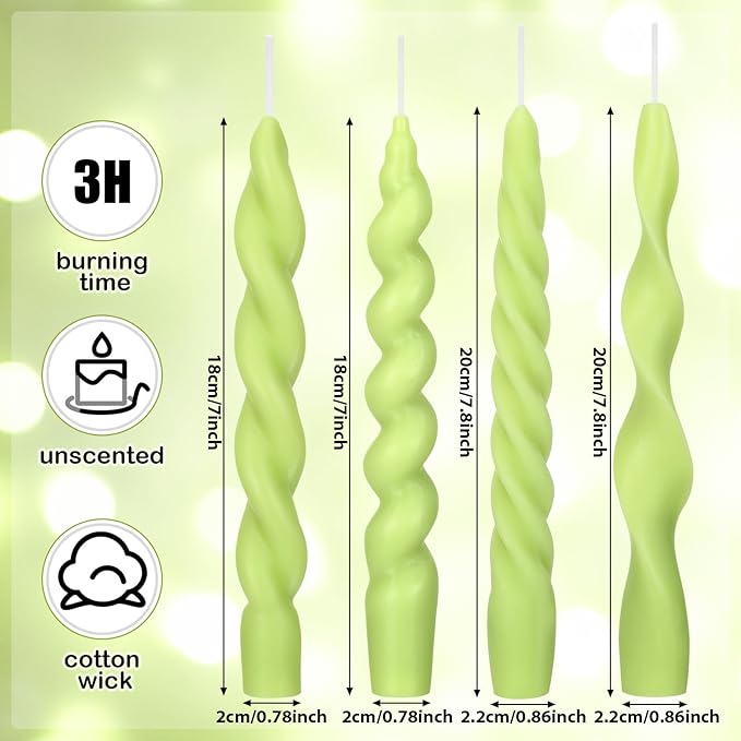 Nuanchu 4 Pcs 7.87 Inch Twisted Taper Candles Wax Unscented Smokeless Spiral Swirl Candlesticks for Wedding Holiday Dinner Party Home Decorations (Sage Green)